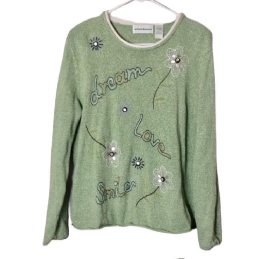 ALFRED DUNNER Spring Green Light EMBROIDERED Sweater Size Large